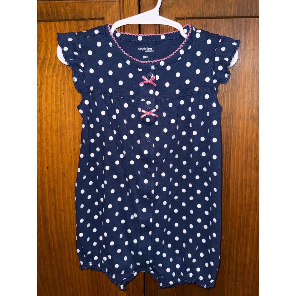 Simple Joys by Carters Baby Girl Romper Navy Blue Polka Dot Pink Bows 18M
